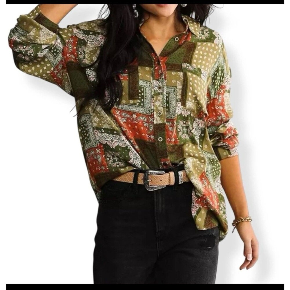 BKE Boyfriend Womens Small Long Sleeve Button Down Patchwork Hankerchief Shirt